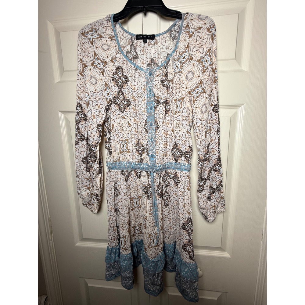 Gibsonlook Womens Small Boho Paisley Long Sleeve Mini Dress Blue Brown Cream